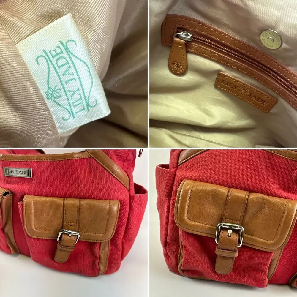 Lily Jade Elizabeth Diaper Bag Red Canvas Brown Leather Convertible Insert Large